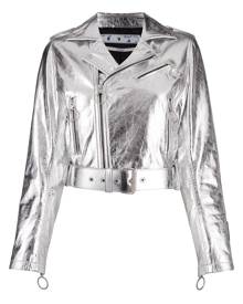 Off-White - metallic leather biker jacket - women - Cotton/Viscose/Bullhide Leather - 40, 42 - SILVER