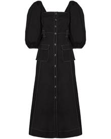 GANNI - pouf-sleeve midi dress - women - Cotton - 34, 38 - Black