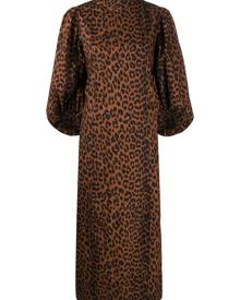 GANNI - pouf-sleeve leopard-print dress - women - Organic Cotton - 34, 36, 38, 32, 40 - Brown