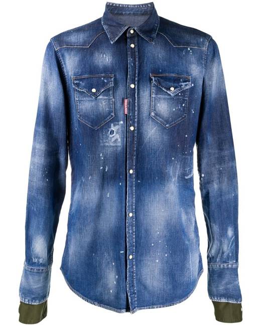 KLJR Men Washed Denim Pure Color Ruffle Long Sleeve Boyfriend Button up Shirts 