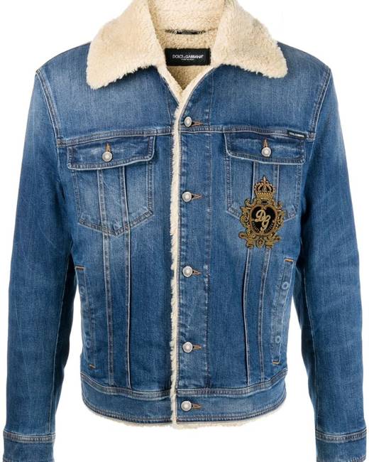 DOLCE & GABBANA Men Blue Denim Jacket with Brown Leather Collar Size L 50 