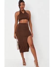 Missguided Tall Chocolate Rib Wrap Bandeau And Skirt Co Ord Set