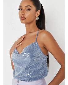 Missguided Petite Co Ord Blue Sequin Cross Back Cami Top