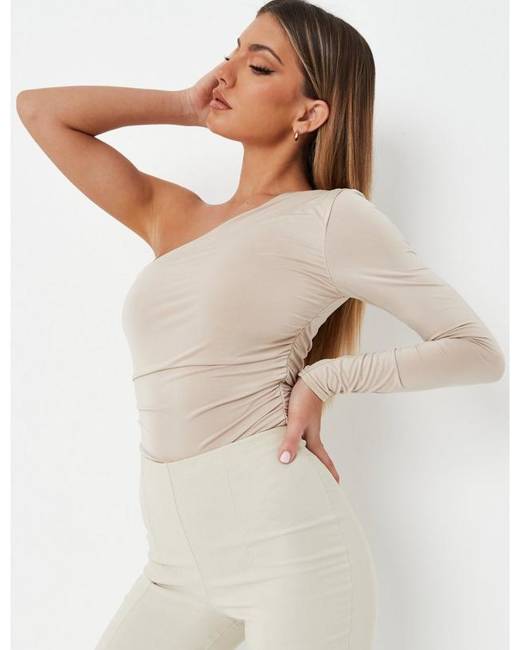 Missguided Petite seamless ruched one shoulder bodysuit in cream