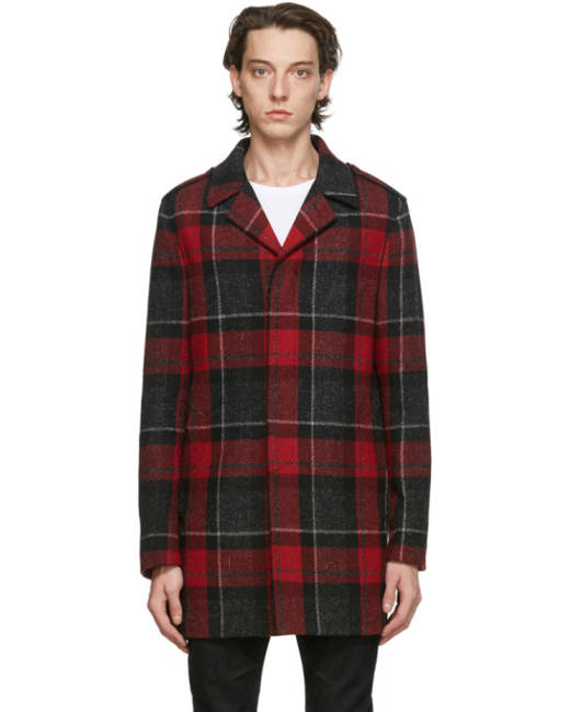 Red plaid wool coat on sale mens