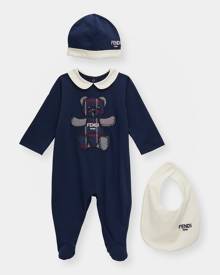 Fendi Kid's Multipattern Embroidered Bear W/ Hat & Bib Set, Size Newborn-9M