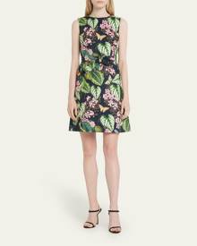 Oscar de la Renta Mixed Botanical Printed Twill Shift Dress