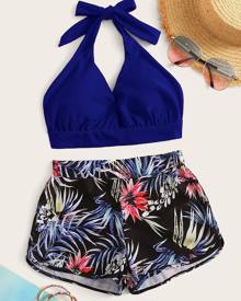 Tropical Halter Shorts Bikini Swimsuit