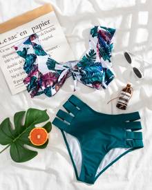 Tropical Ruffle Trim Bikini Swimsuit