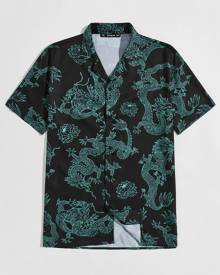 Men Dragon Print Button-Front Shirt