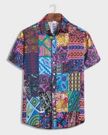 Men Aztec Print Patchwork Shirt