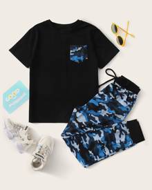 Boys Pocket Patched Tee and Camo Jogger Pants Set