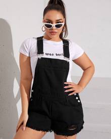 Plus Ripped Raw Hem Solid Denim Overalls