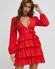 Neon Red Belted Layered Hem Dress