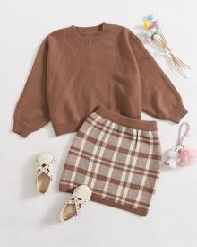 Toddler Girls Batwing Sleeve Sweater & Plaid Skirt