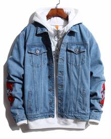 Men Floral Embroidery Sleeve Denim Jacket Without Hoodie