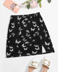 Butterfly Print Split Hem Skirt