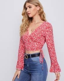 Bell Sleeve Wrap Knotted Ditsy Floral Top