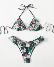 Tropical Ruffle Triangle Bikini Swimsuit