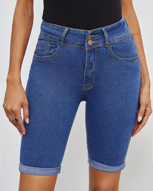 high waisted jean biker shorts
