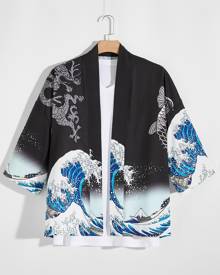 Men Chinese Dragon And Wave Print Shirt