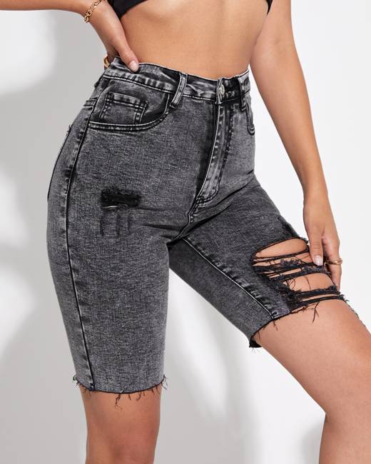 high waisted jean biker shorts
