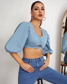 Lantern Sleeve Cut Out Ruched Denim Top