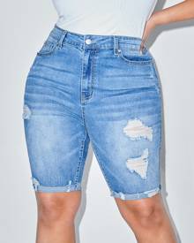 Plus High Waist Ripped Biker Denim Shorts