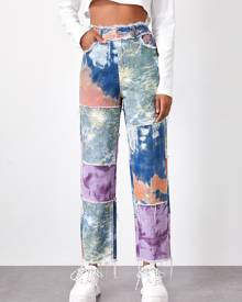 Tie Dye Spliced Raw Hem Straight Leg Jeans