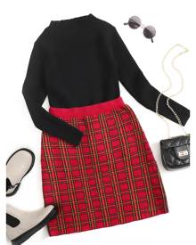 Girls Mock Neck Sweater With Plaid Knit Skirt