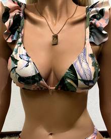 Tropical Ruffle Trim Bikini Top