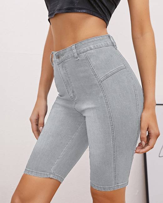 high waisted jean biker shorts