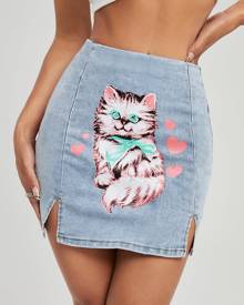 Cat Print Split Hem Denim Skirt