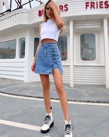 Lace Up Asymmetrical Denim Skirt