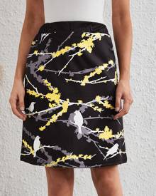 Bird & Tree Print Elastic Waist Skirt
