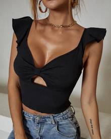 Shirred Back Frill Trim Ruched Cut-out Top