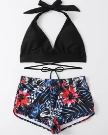 Tropical Halter Shorts Bikini Swimsuit