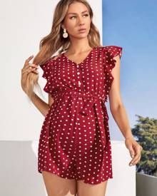 Maternity Polka Dot Butterfly Sleeve Belted Romper