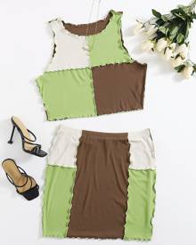 Plus Lettuce Trim Tank Top & Colorblock Skirt Set