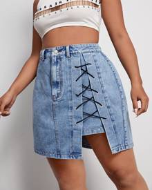 Plus Lace Up Asymmetrical Denim Skirt