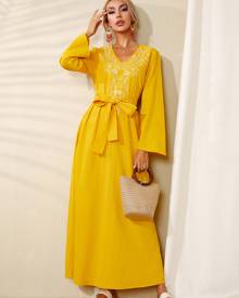 Floral Embroidery V-neck Belted Dress