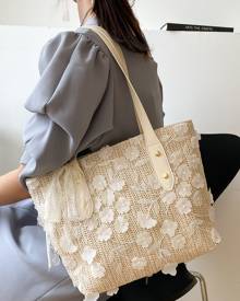 Floral Appliques Straw Tote Bag