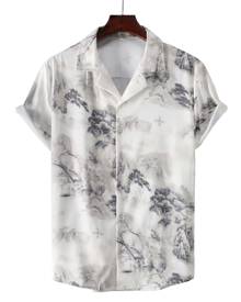 Men Landscape Print Lapel Neck Shirt