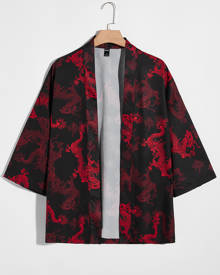 Men Open Front Chinese Dragon Print Shirt