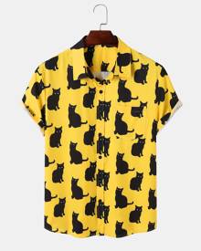 Men Allover Cat Button Through Shirt