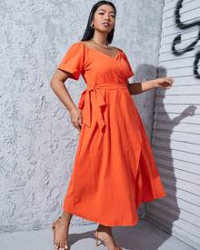 Plus Neon Orange Sweetheart Neck Wrap Belted Dress