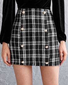 Double Button Plaid Tweed Skirt