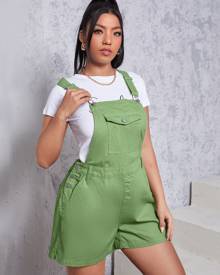 Plus Solid Flap Pocket Denim Overalls