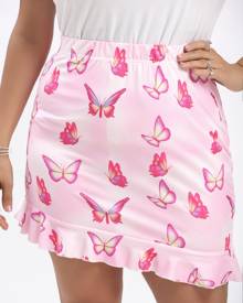 Plus Allover Butterfly Print Ruffle Hem Skirt