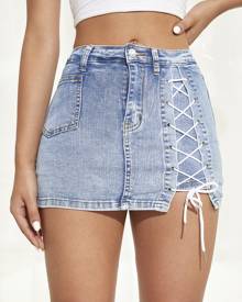 Zipper Fly Lace Up Detail Denim Skirt
